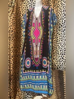 Wish Black Midi Dress with Pink, Blue and Yellow Dashiki Print